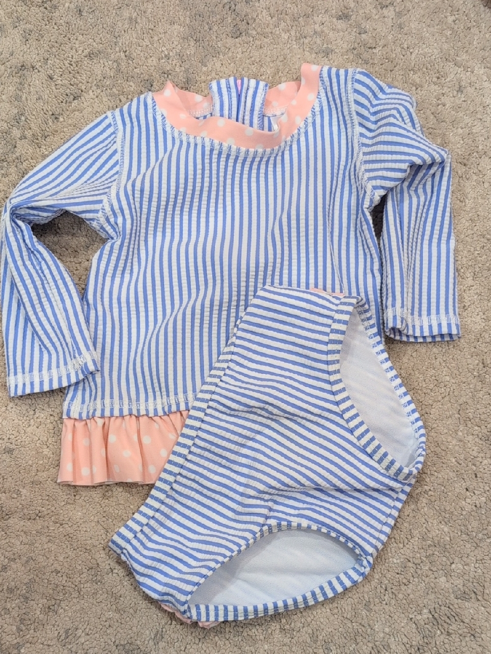 Blue & White Striped Two-Piece Swim Set with Peach Ruffle 6-12m